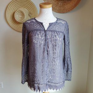 Knox Rose Lace Button Front Long Sleeve Gray Top